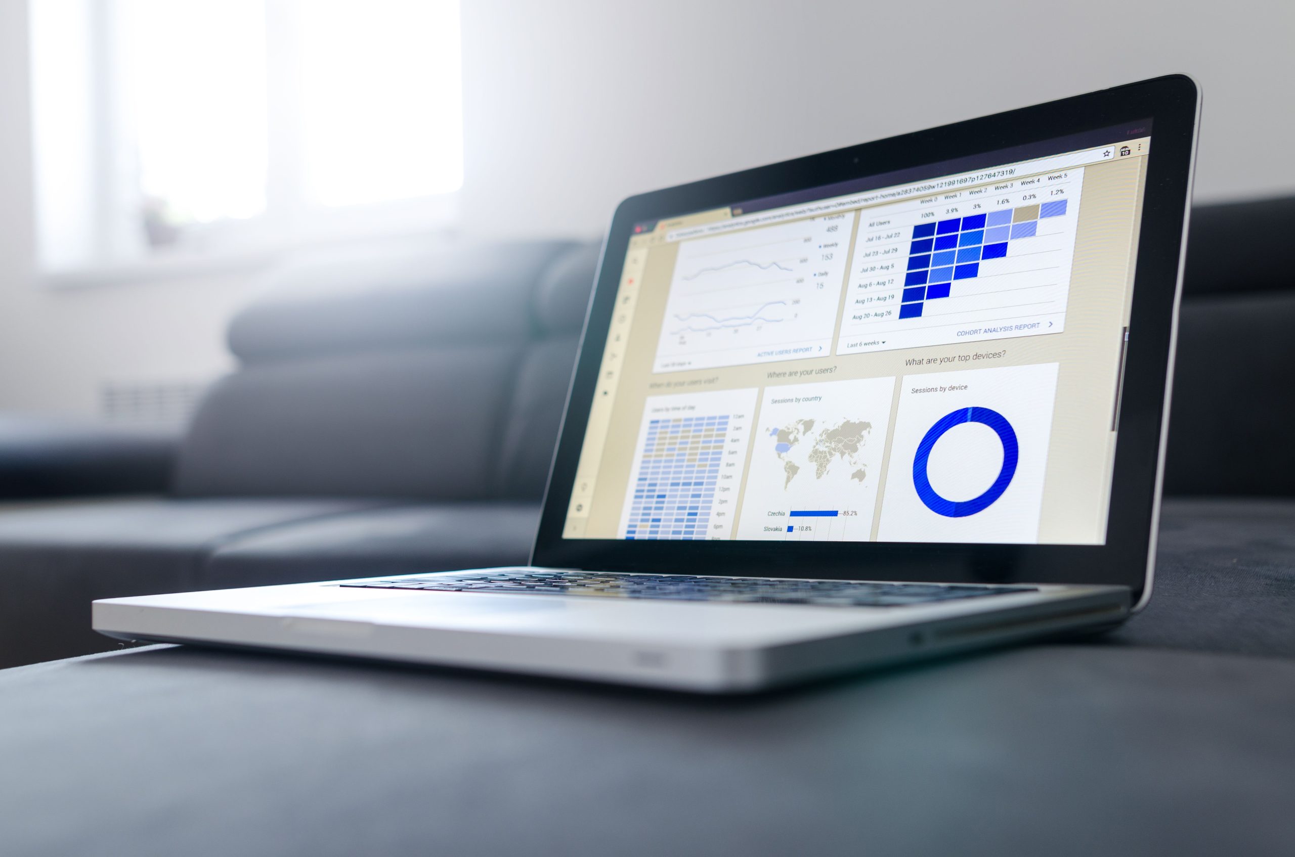 Laptop showing analytics graphs while reviewing the Google AI Mode update and its new links