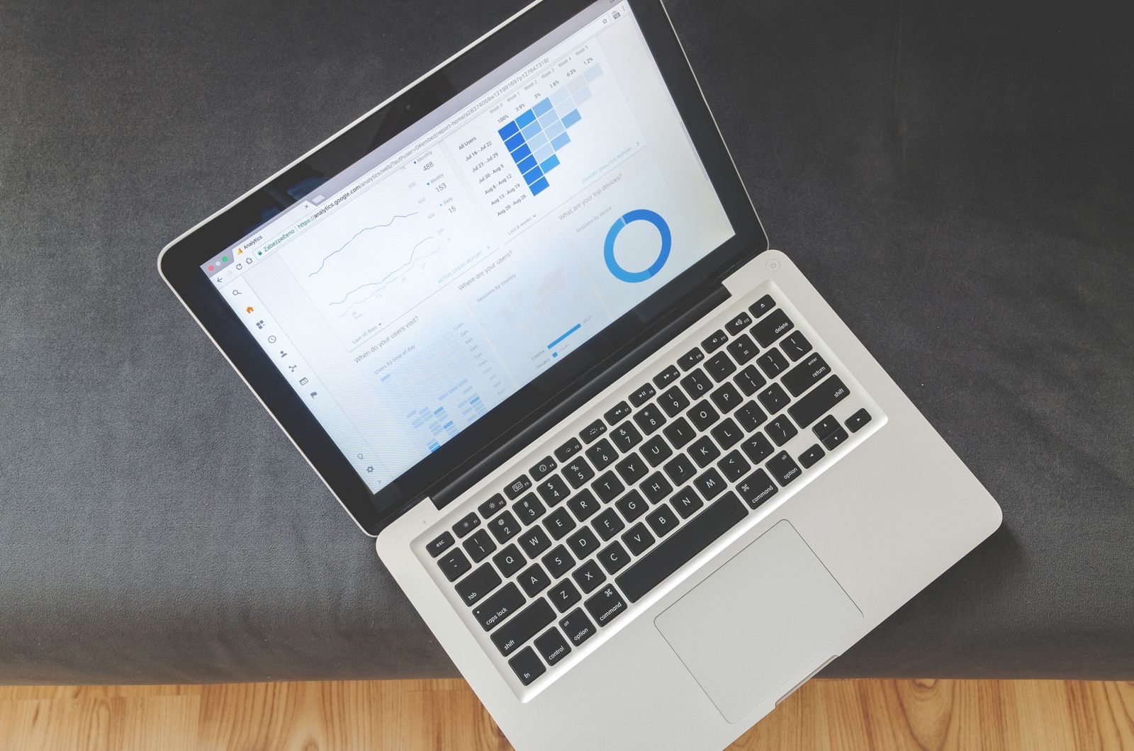 Overhead view of a laptop showing data charts, illustrating the GPT-6 rollout and this week's marketing tech news